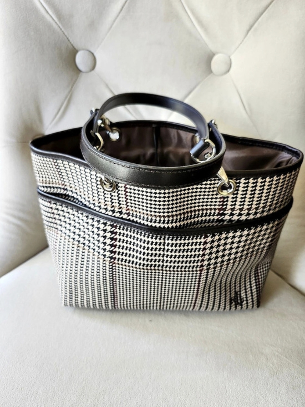 LAUREN RALPH LAUREN Houndstooth Bag in Brown, Tan & Black.  Like New